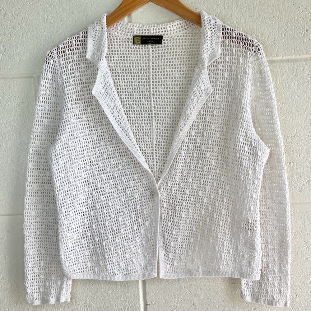 Pierre Balmain Vintage Crochet Cardigan White Long Sleeve Cardigan Size Small